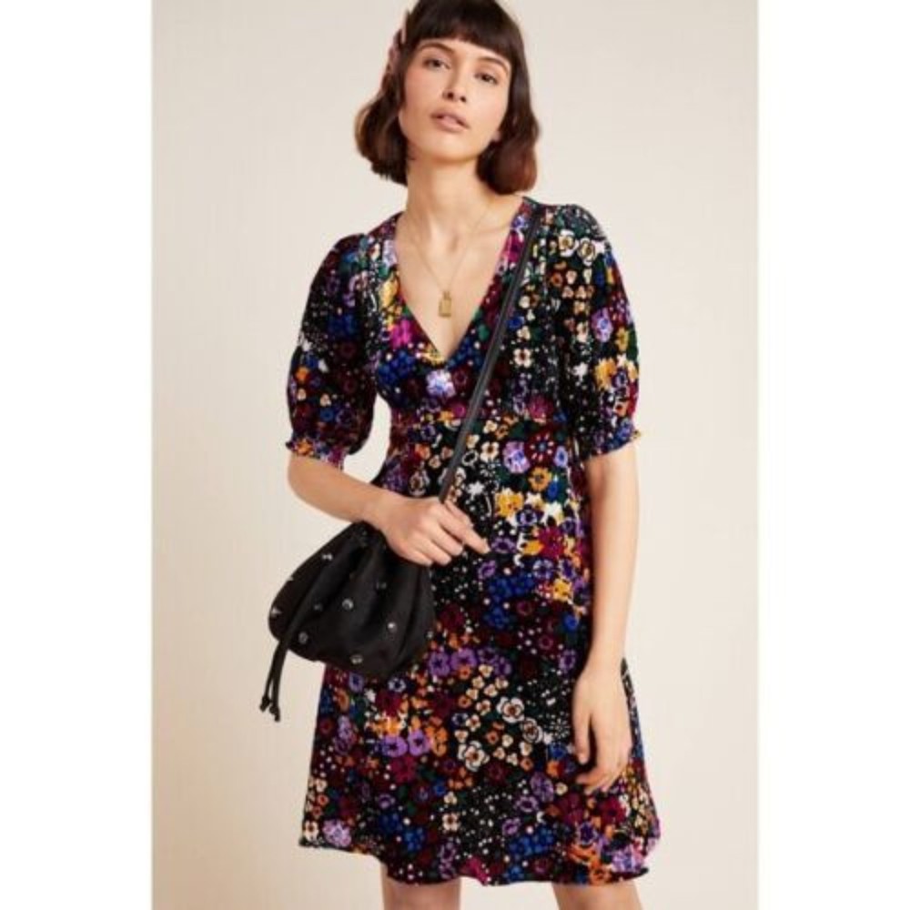 Anthropologie Francie Multicolor Floral Velvet Mini Dress